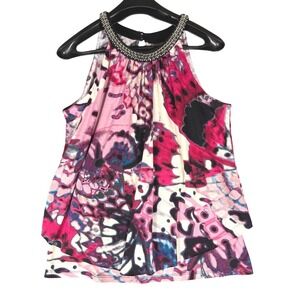 Bisou Bisou Michele‎ Bohbot Pink Abstract Butterfly Beaded Halter Top Blouse L